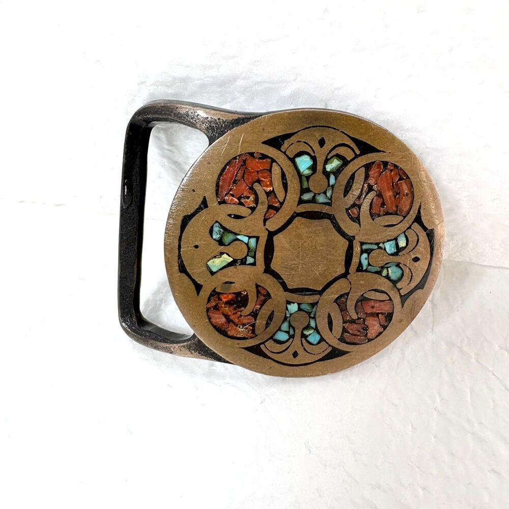 Vintage Tech Ether Guild "Baldric" Stone Inlay Solid Brass 1970s Belt Buckle